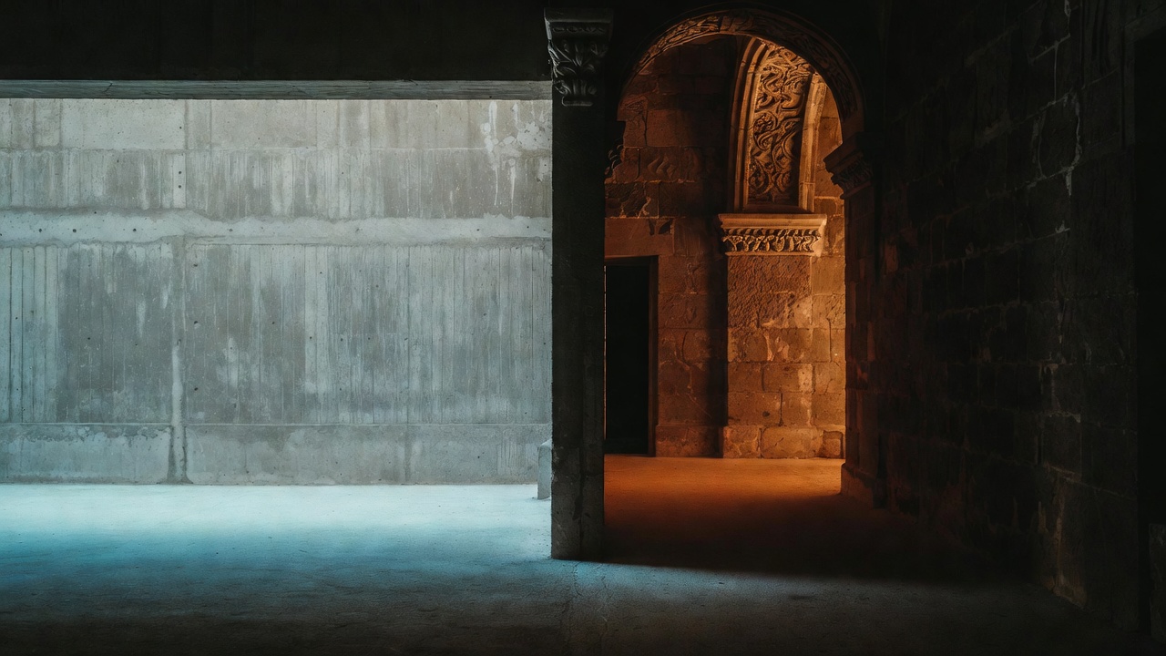 A dark corridor where a bare concrete space meets a warm lit stone one, divided down the centre