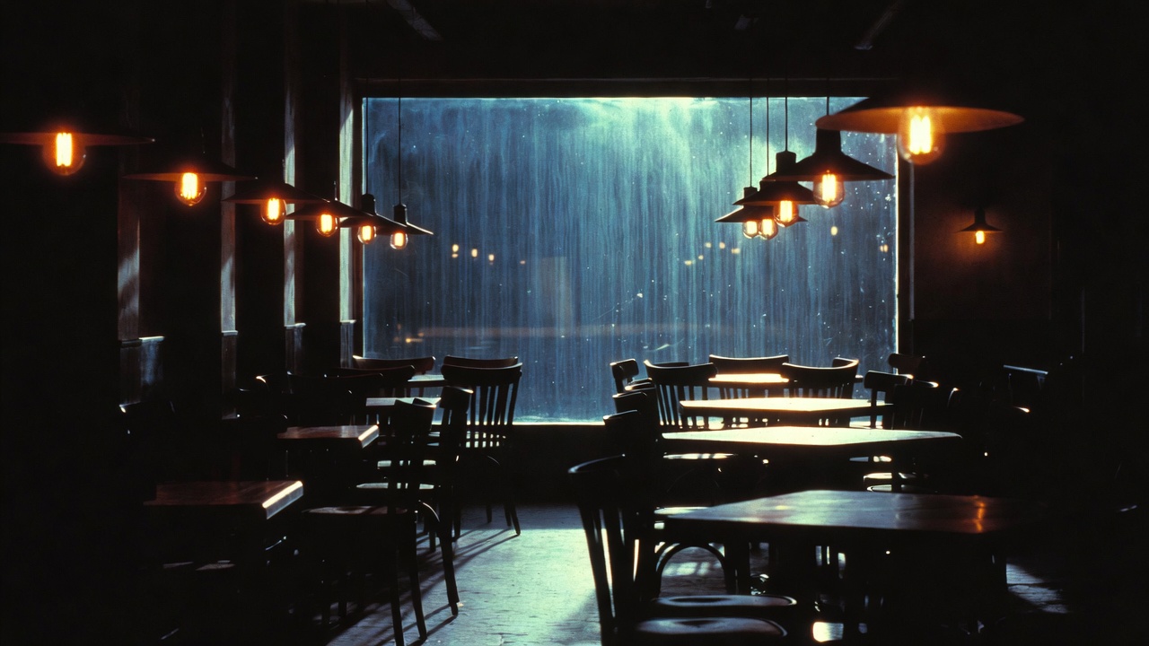 An intimate restaurant dining room at night, warm pendant lights over dark wood tables and a rain-streaked window